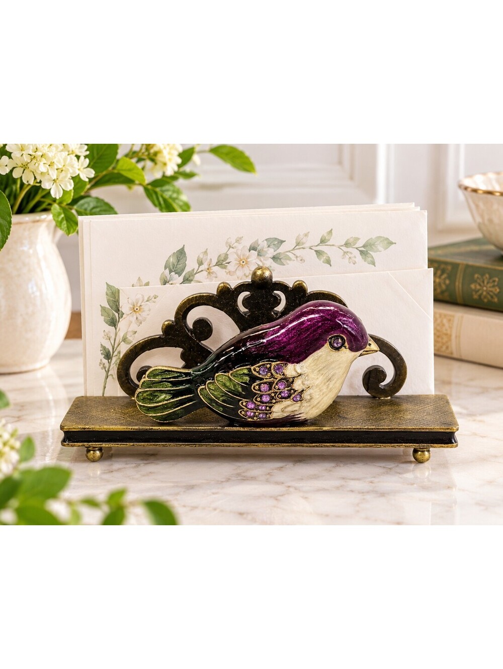 Nikky Bird Letter Card Holder Organizer Metal Enamel Purple Green Rhinestones